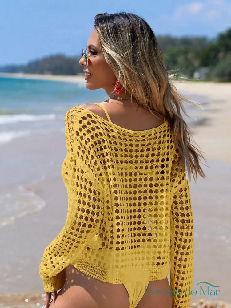 Blusa de Cobertura Feminina Transparente Vazada Amarelo / M Saída de praia feminina