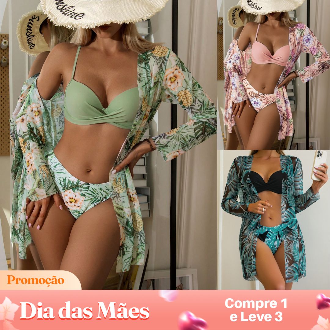 Conjunto de Biquíni com Saída Estampada Tropical - Compre 1 Leve 3