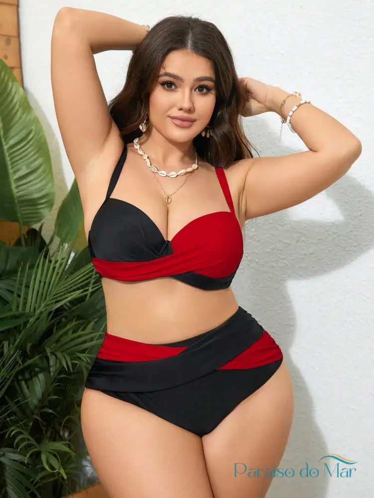 Biquíni Color Plus Size - Estilo Moderno para o Verão Preto/Vermelho / G