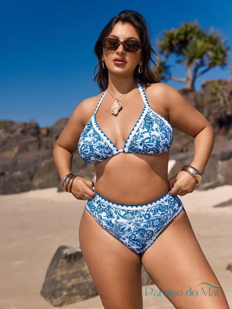 Biquíni Plus Size Azul com Amarração nas Costas