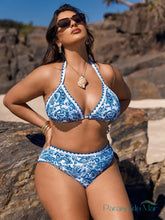 Biquíni Plus Size Azul com Amarração nas Costas Branco e Azul / G