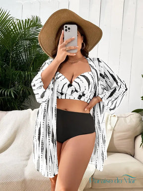 Biquíni + Quimono Feminino Nicolle Plus Size Preto e Branco / GG Biquini