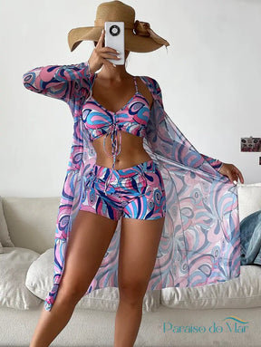 Biquíni + Saída De Praia Feminino Estampados Coraline Branco e Multicolor / P Biquini