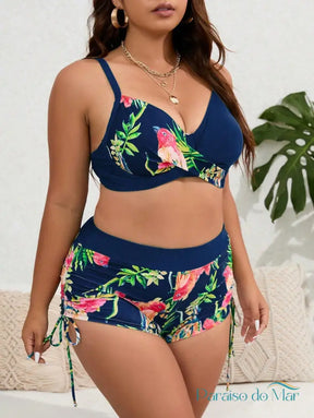 Biquíni Tropical Plus Size - Elegância e Conforto Estampado Azul Escuro / G