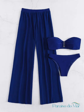 Conjunto 3 Peças Bandeau com Calça Longa