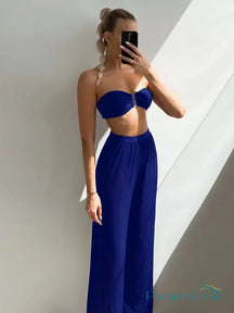 Conjunto 3 Peças Bandeau com Calça Longa Azul / P