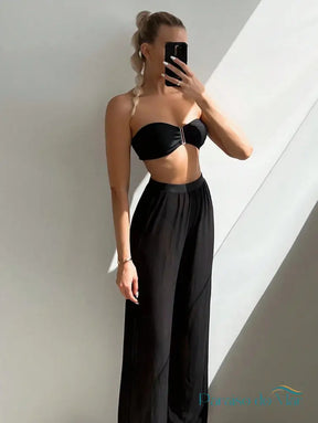 Conjunto 3 Peças Bandeau com Calça Longa Preto / P