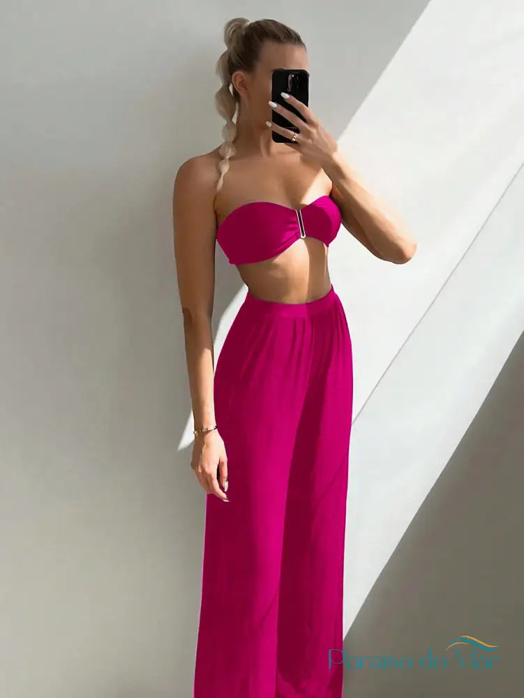 Conjunto 3 Peças Bandeau com Calça Longa Rosa / P