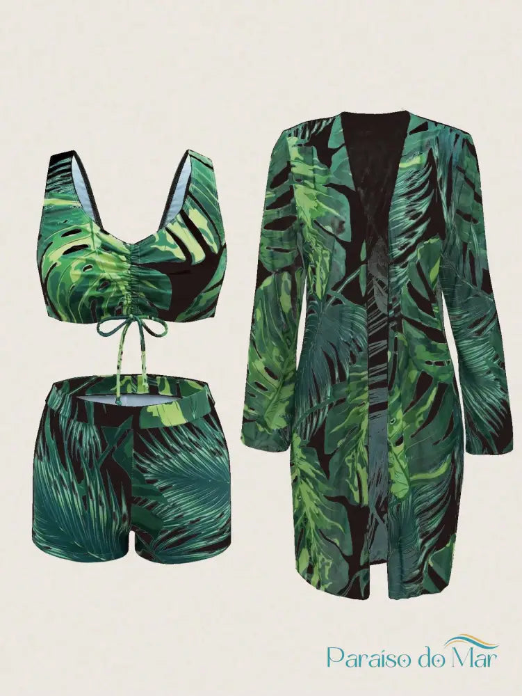 Conjunto 3 Peças Estampa Tropical e Kimono