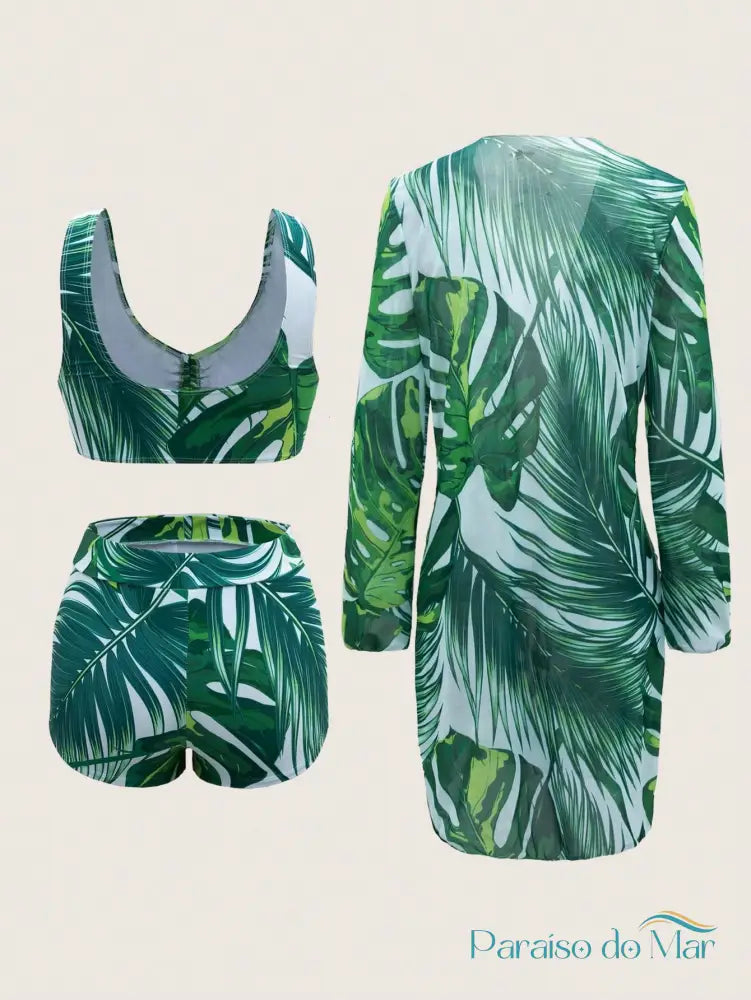 Conjunto 3 Peças Estampa Tropical e Kimono