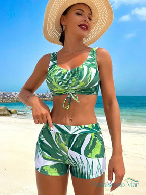 Conjunto 3 Peças Estampa Tropical e Kimono