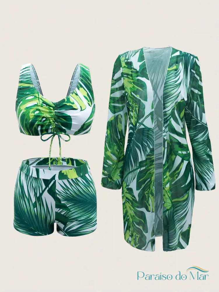 Conjunto 3 Peças Estampa Tropical e Kimono