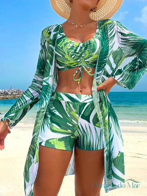 Conjunto 3 Peças Estampa Tropical e Kimono Verde Claro / P