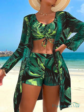 Conjunto 3 Peças Estampa Tropical e Kimono Verde Escuro / P