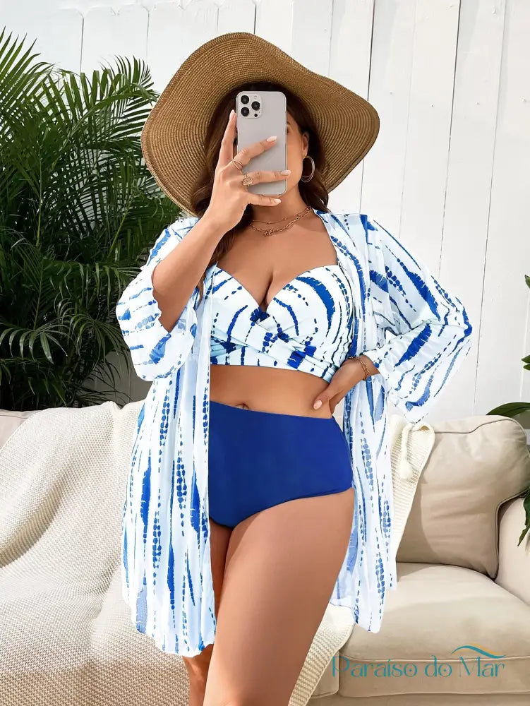 Conjunto 3 Peças Estampado com Kimono para Praia Azul / P