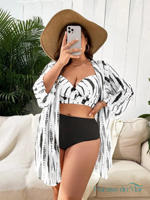 Conjunto 3 Peças Estampado com Kimono para Praia Preto / P