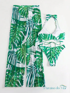 Conjunto 3 Peças Halter com Calça Estampada Tropical