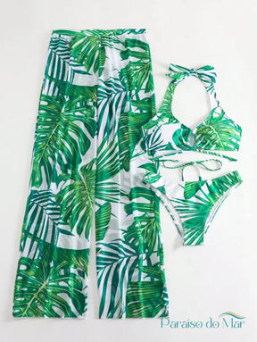 Conjunto 3 Peças Halter com Calça Estampada Tropical