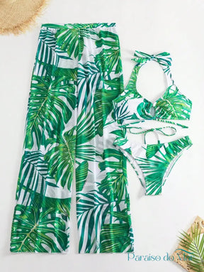 Conjunto 3 Peças Halter com Calça Estampada Tropical