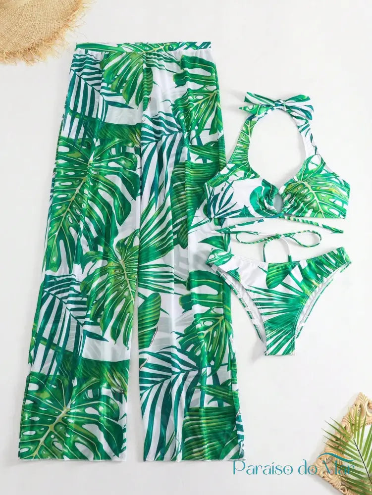 Conjunto 3 Peças Halter com Calça Estampada Tropical