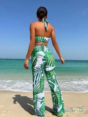 Conjunto 3 Peças Halter com Calça Estampada Tropical