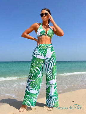 Conjunto 3 Peças Halter com Calça Estampada Tropical Verde / P