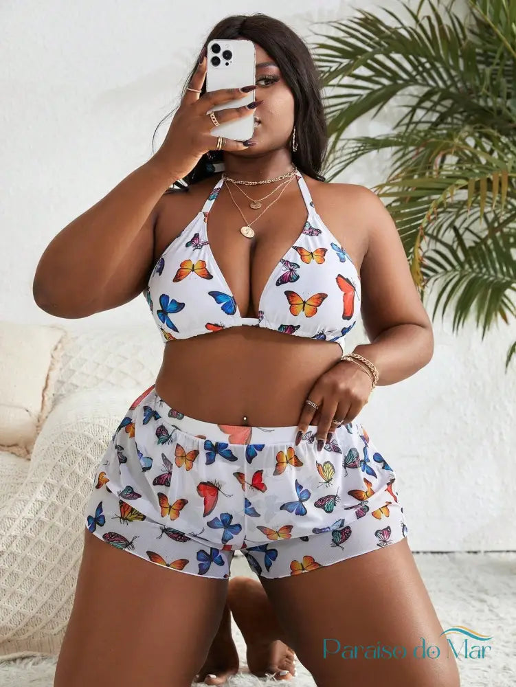 Conjunto 3 Peças Plus Size com Estampa de Borboletas e Cintura Alta