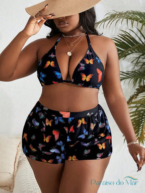 Conjunto 3 Peças Plus Size com Estampa de Borboletas e Cintura Alta