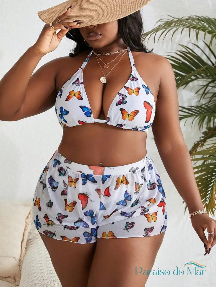 Conjunto 3 Peças Plus Size com Estampa de Borboletas e Cintura Alta