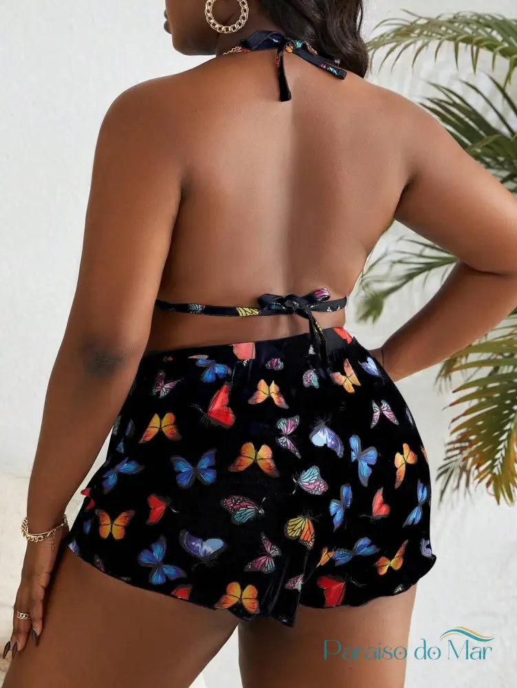 Conjunto 3 Peças Plus Size com Estampa de Borboletas e Cintura Alta