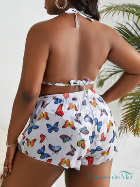 Conjunto 3 Peças Plus Size com Estampa de Borboletas e Cintura Alta