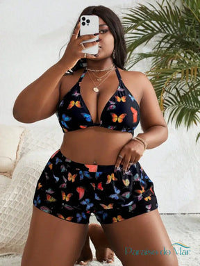 Conjunto 3 Peças Plus Size com Estampa de Borboletas e Cintura Alta