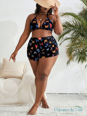 Conjunto 3 Peças Plus Size com Estampa de Borboletas e Cintura Alta