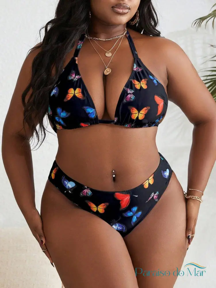 Conjunto 3 Peças Plus Size com Estampa de Borboletas e Cintura Alta