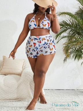 Conjunto 3 Peças Plus Size com Estampa de Borboletas e Cintura Alta