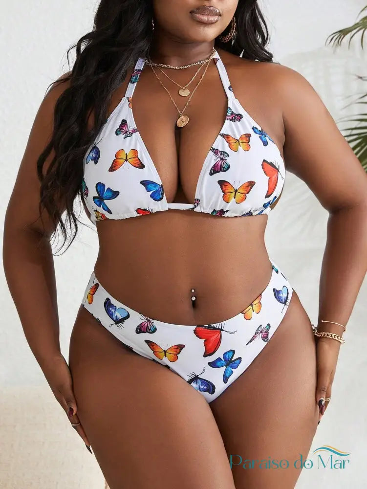 Conjunto 3 Peças Plus Size com Estampa de Borboletas e Cintura Alta