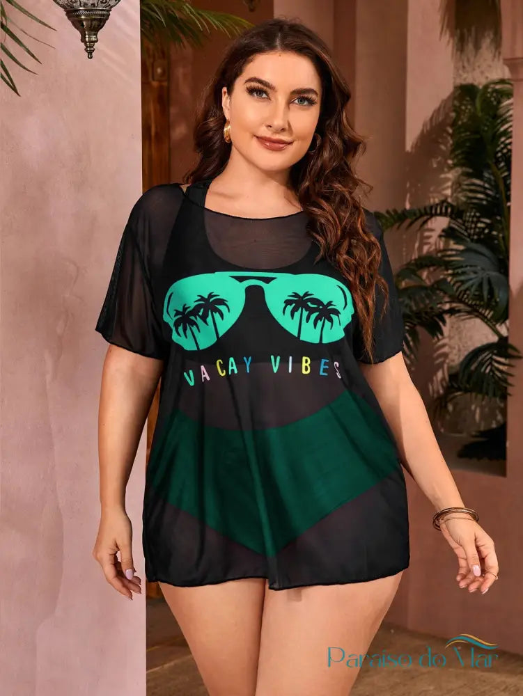 Conjunto 3 Peças Tankini Tropical com Top Transparente para Praia