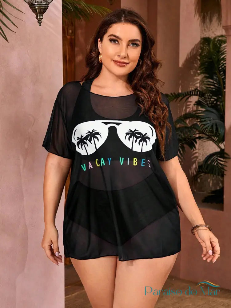 Conjunto 3 Peças Tankini Tropical com Top Transparente para Praia