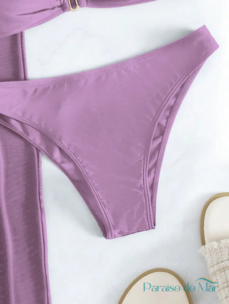 Conjunto Biquíni 3 Peças Bandeau Com Calça De Praia