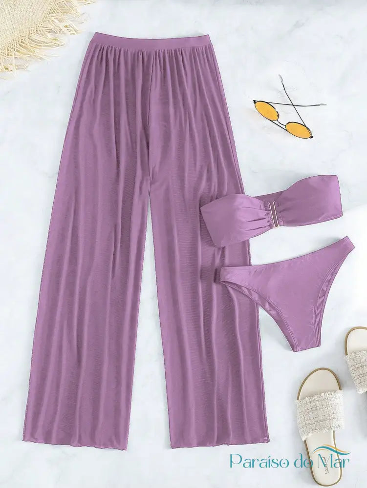 Conjunto Biquíni 3 Peças Bandeau Com Calça De Praia Roxo / P