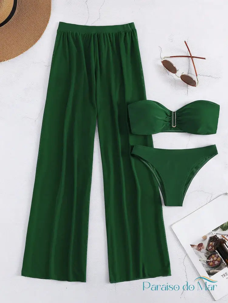 Conjunto Biquíni 3 Peças Bandeau Com Calça De Praia Verde / P