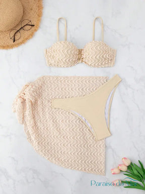 Conjunto Biquini 3 Peças com Detalhe no Busto e Mini Saia Conjunto de Biquíni feminino