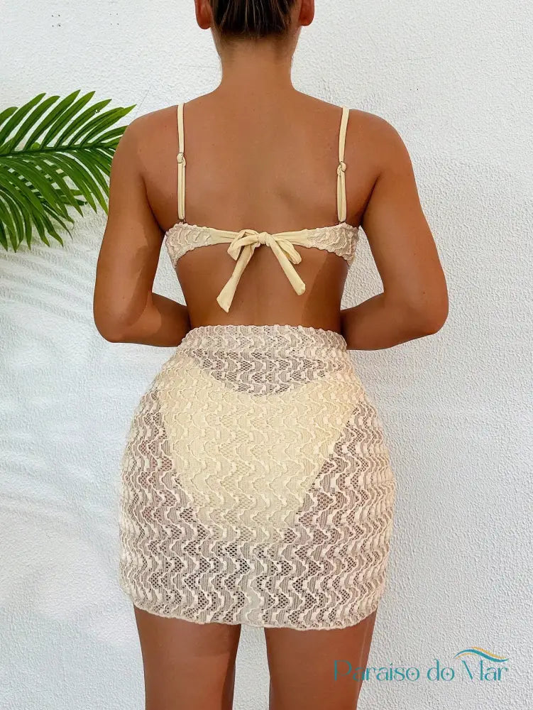 Conjunto Biquini 3 Peças com Detalhe no Busto e Mini Saia Conjunto de Biquíni feminino