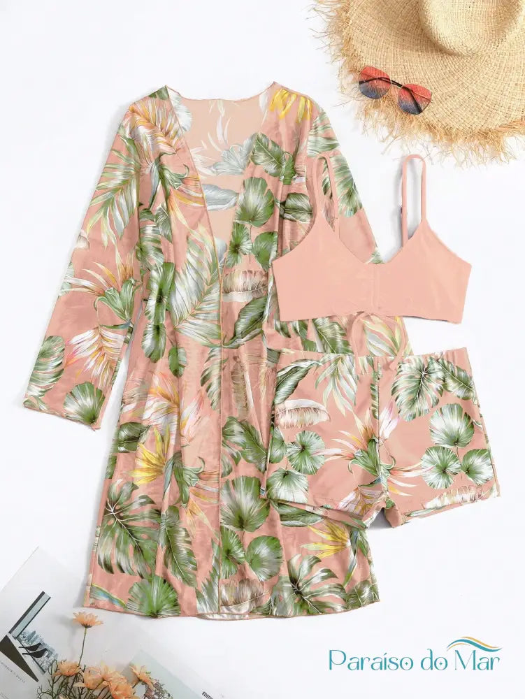 Conjunto Biquíni 3 Peças Com Quimono Estampado Tropical