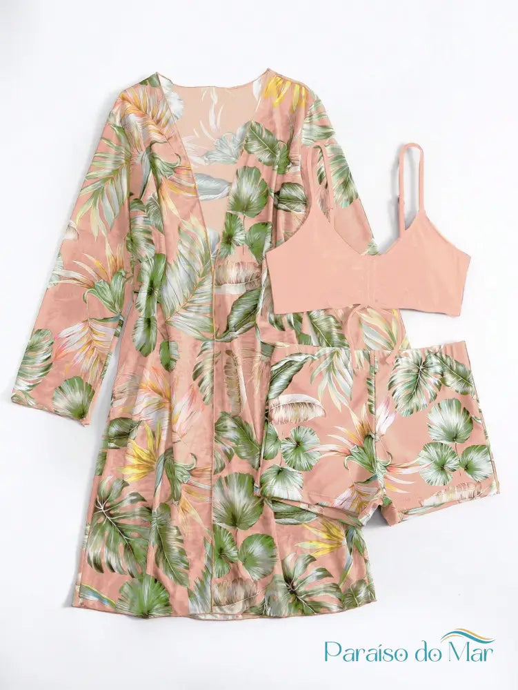 Conjunto Biquíni 3 Peças Com Quimono Estampado Tropical