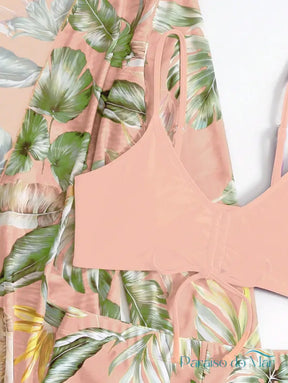 Conjunto Biquíni 3 Peças Com Quimono Estampado Tropical