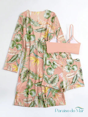 Conjunto Biquíni 3 Peças Com Quimono Estampado Tropical