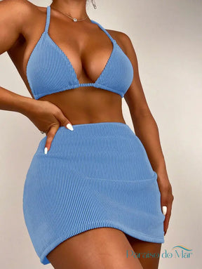 Conjunto de 3 Peças Sensual com Top e Saia Corte Alto Azul / P