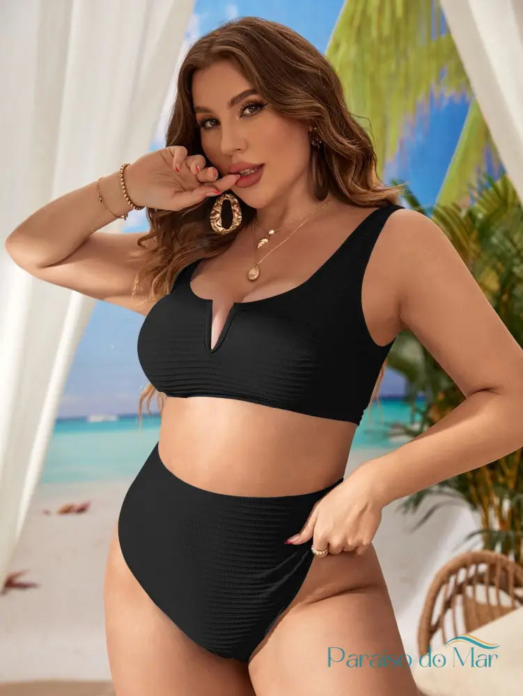 Conjunto de Biquini com Decote em V Ideal para Praia no Verão Preto / P