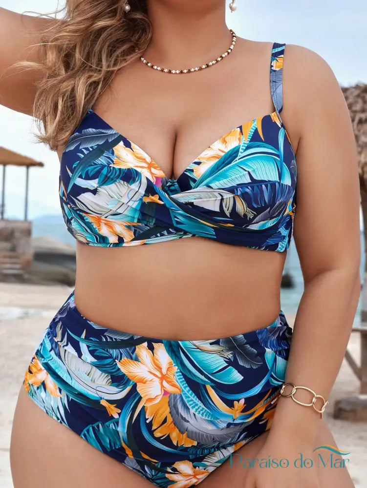 Conjunto de Biquini com Estampa Tropical e Push Up para Praia